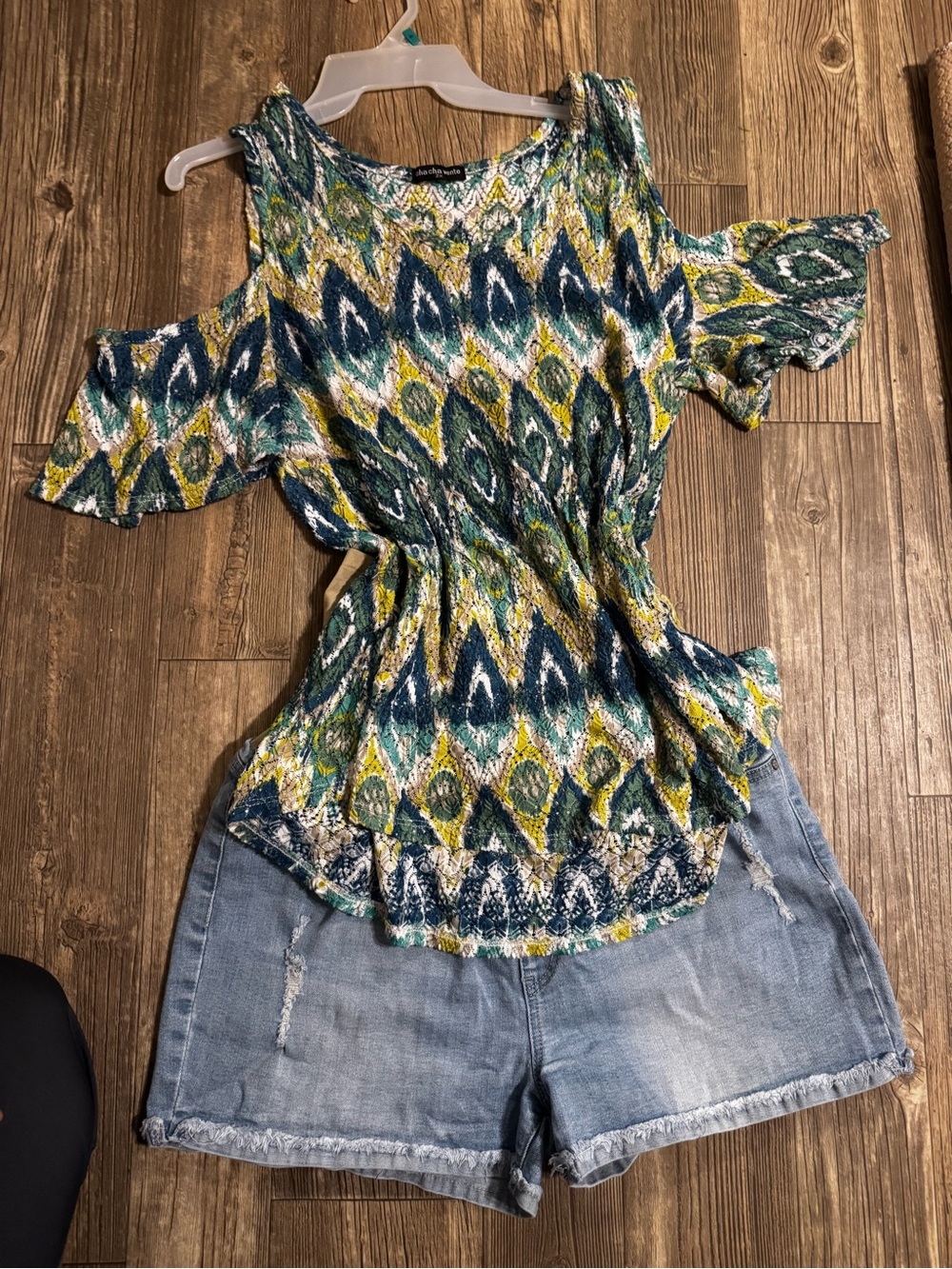 Cold Shoulder Printed Knit Top in Teal & Yellow maternity clothes